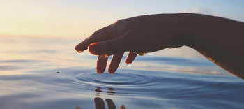 Bachelor Wasserwirtschaft Die Nahaufnahme einer Hand in der Abenddämmerung über einer Wasserfläche. Die Hand scheint zuvor kurz in das Wasser eingetaucht worden zu sein, da sich Tropfen an dieser befinden. Das Wasser zieht durch den Kontakt mit der Hand leichte Kreise.