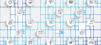 Bachelor Medientechnik Ausschnitt einer Darstellung verschiedener Icons aus dem Webbereich. Diese sind netzwerkartig miteinander verknüpft.