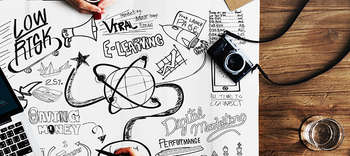 Bachelor Projektmanagement Projektplakat auf einem Schreibtisch. Darauf verschiedene gezeichnete grafische Darstellungen.