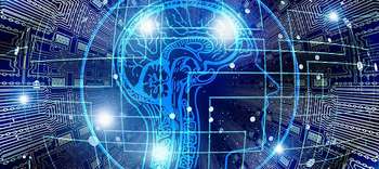 Bachelor Neurowissenschaften Schematische und technisch wirkende Darstellung eines Kopfes samt Gehirnstruktur. Um den Kopf herum verschiedenste netzwerkartige Verknüpfungen.