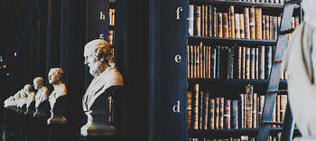 Geschichte Das Bild spielt in einer Bibliothek mit tiefdunklen Regalen. Auf der rechten Seite des Bildes sind antik aussehende Bücher erkennbar, die in den Regalen stehen. Im linken Teil des Bildes befinden sich Statuen von historischen Persönlichkeiten.