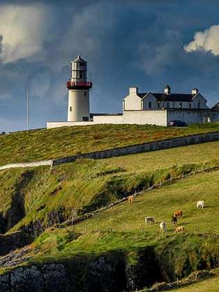 Ein grün bewachsener Berg in Irland. Auf diesem grasen Kühe. Oben auf dem Hügel eine Hofanalage.