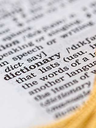 Nahaufnahme eines Auschnittes eines englischen Wörterbuches. Im Fokus das Wort DICTIONARY.