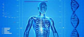 Bachelor Medizintechnik Schematische Darstellung einer Person und ihres Knochenbaus. Recht und links davon verschiedene Grafiken und Skalen sowie ein DNA-Strang.