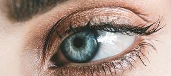 Bachelor Augenoptik Nahaufnahme des Auges einer Frau. Die Iris des Auges hat eine herausstechende türkise Farbe. Das Makeup ist in dezenten Brauntönen gehalten.