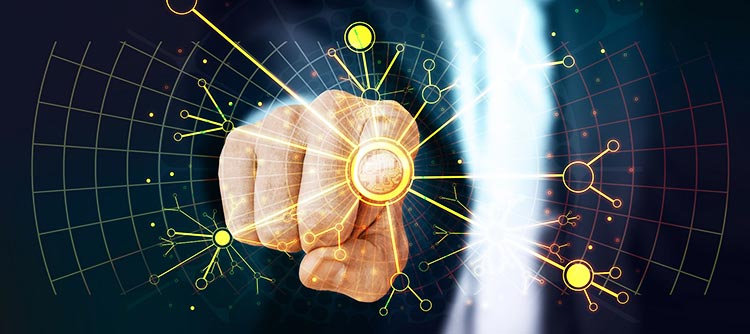 Bachelor Automatisierungstechnik Im Mittelpunkt des Bildes befindet sich eine zeigende Hand. Der Zeigefinger berührt dabei ein elektronisches Feld, welches viele leuchtende Verknüfungen zeigt.