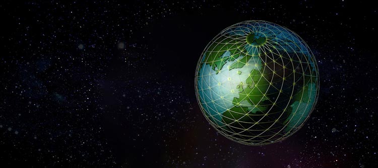 Bachelor Geodäsie Eine Weltkugel im Universum. Die Weltkugel befindet sich im rechten Teil des Bildes, außerhalb der Kugel ist es dunkel und Sterne sind zu sehen. Um die Weltkugel ist grafisch ein dünnes und gelbliches Netz gelegt.