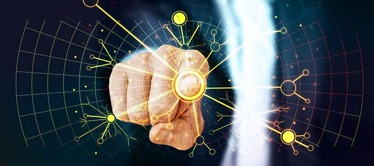 Bachelor Sensorik Im Mittelpunkt des Bildes befindet sich eine zeigende Hand. Der Zeigefinger berührt dabei ein elektronisches Feld, welches viele leuchtende Verknüfungen zeigt.