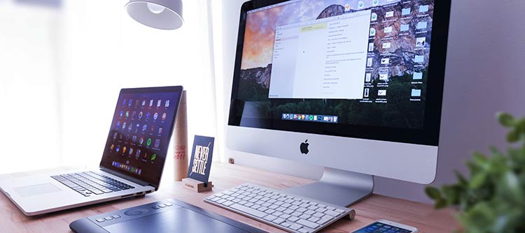 Bachelor Medienmanagement Ausschnitt eines Schreibtisches. Auf diesem befindet sich ein Computerbildschirm, ein Laptop sowie mehrere Pflanzen und Dekorationsartikel.