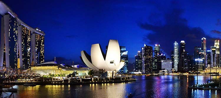 Bachelor Asien Management Ausschnitt einer Großstadt in Asien bei Nacht. Die Stadt befindet sich am Wasser und ist mit zahlreichen Lichtern geschmückt.